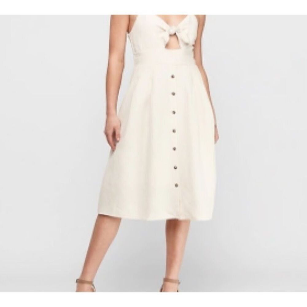 Express Beige Tie Front Keyhole Button Midi A Lin… - image 1